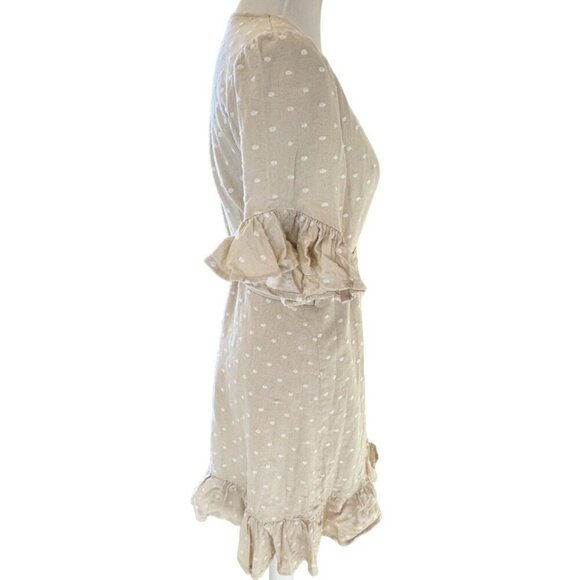 WAYF Womens L Ruffle Wrap Dress Polka Dot Linen Summer Classic Minimalist - Picture 6 of 14